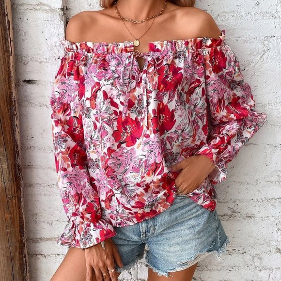 Boho Floral Print Off Shoulder Flounce Sleeve Ruffle Trim Blouse - Picture 5 of 5
